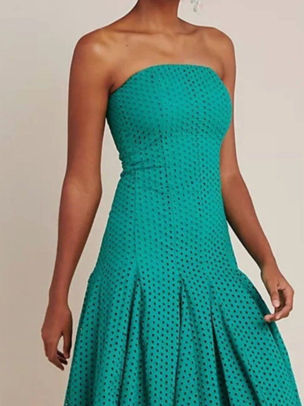 Maeve Anthropologie Eyelet Strapless Midi Dress Green Size 8